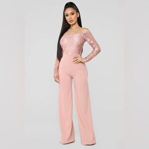 Fashion Nova Blush Lace Off Shoulder Jumpsuit L NWOT